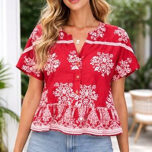 Boho Floral Peplum relaxed fit light-weight 100% cotton casual chic summer Top